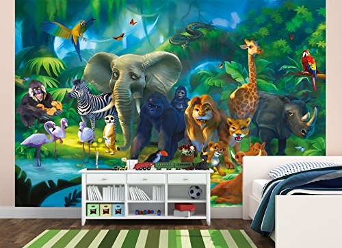 GREAT ART Fototapete Dschungel Tiere - 336 x 238 cm 8-Teilige Tapete Wandtapete Wandbild Jungle Wildtiere Kindertapete