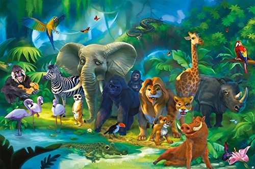 GREAT ART Fototapete Dschungel Tiere - 336 x 238 cm 8-Teilige Tapete Wandtapete Wandbild Jungle Wildtiere Kindertapete