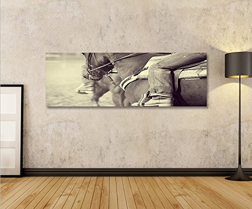 islandburner Bild Bilder auf Leinwand Cowboy V2 Reiten Pferde Sepia Vintage Panorama XXL Poster Leinwandbild Wandbild Dekoartikel Wohnzimmer Marke
