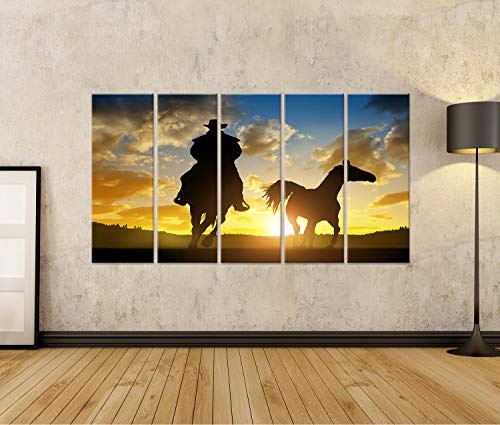 islandburner, Bild auf Leinwand Silhouette Cowboy mit Pferd bei Sonnenuntergang Wandbild Leinwandbild Kunstdruck Poster 170x80cm - 5 Teile XXL