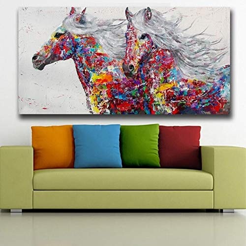 YSDS-JZ Kunst-Wandzusammenfassungsmalerei des Segeltuchkünstlers Haupt, der EIN Paar Pferde für Moderne dekorative Grafik des Innenministeriums fliegt,30 * 60CM