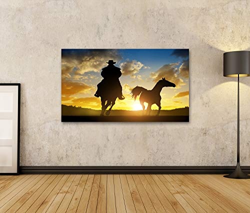 islandburner Bild Bilder auf Leinwand Schattenbildcowboy mit Pferd am Sonnenuntergang Wandbild, Poster, Leinwandbild PGH-1K-DE