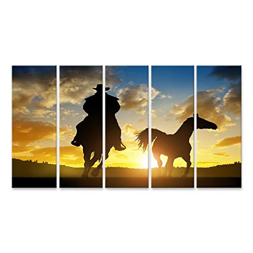 islandburner, Bild Bilder auf Leinwand Schattenbildcowboy mit Pferd am Sonnenuntergang Wandbild, Poster, Leinwandbild PGH-5P-DE6