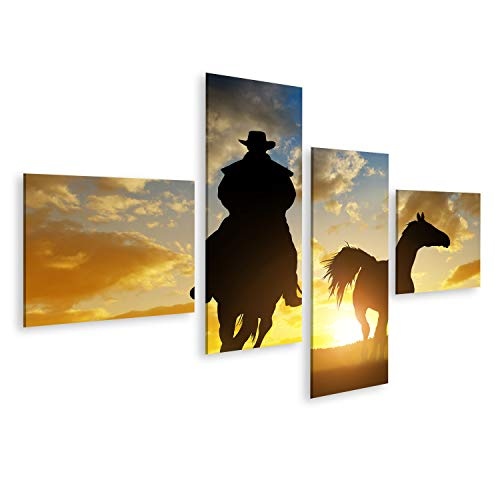 islandburner, Bild Bilder auf Leinwand Schattenbildcowboy mit Pferd am Sonnenuntergang Wandbild, Poster, Leinwandbild PGH-4LP-DE6