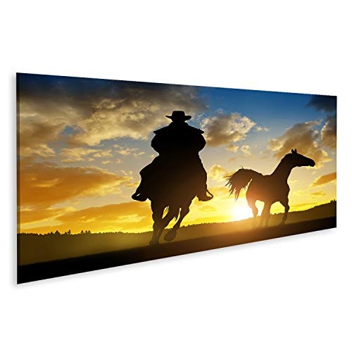 islandburner, Bild Bilder auf Leinwand Schattenbildcowboy mit Pferd am Sonnenuntergang Wandbild, Poster, Leinwandbild PGH-Pano-DE6