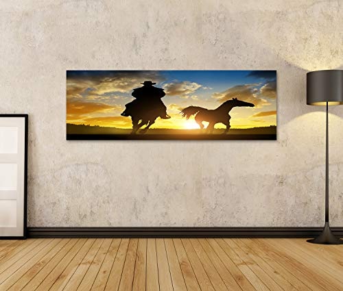 islandburner, Bild Bilder auf Leinwand Schattenbildcowboy mit Pferd am Sonnenuntergang Wandbild, Poster, Leinwandbild PGH-Pano-DE6
