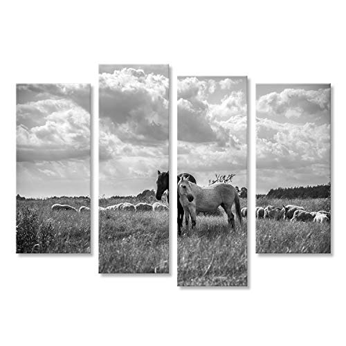 islandburner Bild auf Leinwand Brown und weiße Pferde und Schafe, die auf der Wiese weiden Lassen. Vintage schwarz und weiß Wandbild, Poster, Leinwandbild INY-4erP
