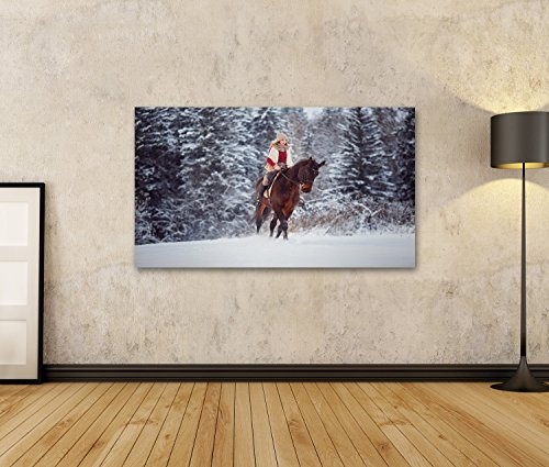 islandburner Bild auf Leinwand Junges Mädchen des Reiters springt über Schnee auf braunes Pferd über Winterwald Wandbild, Poster, Leinwandbild ISE-1K