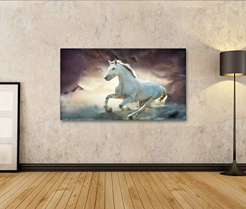 islandburner Bild Bilder auf Leinwand weißes laufendes Pferd, Himmelphantasiehintergrund, kleine Menge hinzugefügtes Korn Wandbild, Poster, Leinwandbild GNG