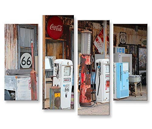 islandburner Bild Bilder auf Leinwand US Tankstelle Route 66 Vintage 4er XXL Poster Leinwandbild Wandbild Dekoartikel Wohnzimmer Marke