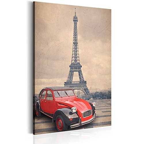 murando Bilder 60x90 cm - Leinwandbilder - Fertig Aufgespannt - 1 Teilig - Wandbilder XXL - Kunstdrucke - Wandbild - Poster Paris Frankreich Auto Eiffelturn Retro Vintage d-B-0045-b-a
