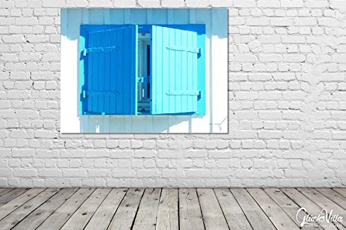 Glücksvilla Blaues Fenster im Sonnenlicht - XXL Bild/Wandbild, Größe: 80 x 60 cm Quer-Format, Digital-Druck auf Art Canvas Leinwand, 2 cm. Frankreich Fensterladen Hütte blau weiß Bild groß Kunst