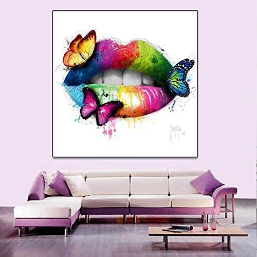 Leinwand Malerei Gemalt Simulation Figur Kern Hd Micro-Spray Kunst Lippen Schmetterling Tier Dekorative,60 * 60CM