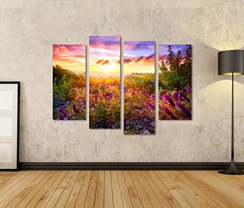 islandburner, Bild auf Leinwand Malerische Sonnenuntergangslandschaft mit gemischter Vegetation im warmen Sonnenlicht und dem bunten Himmel im Hintergrund. Wandbild Poster Leinwandbild