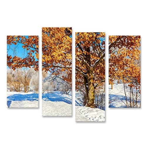 Bild auf Leinwand Frostige Bäume im verschneiten Wald, kaltes Wetter am sonnigen Morgen. Ruhige Winterlandschaft im Sonnenlicht. Inspirier Wandbild Leinwandbild Kunstdruck Poster 130x80cm - 4 Teile