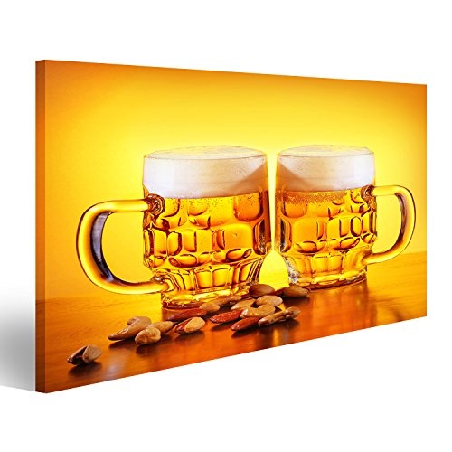 islandburner Bild Bilder auf Leinwand Glas kaltes Biergetränk und -nüsse lokalisiert auf gelbem warmem Hintergrund, Festival des Bieres, Oktoberfest Herbstferien Wandbild, Poster, Leinwandbild KBN