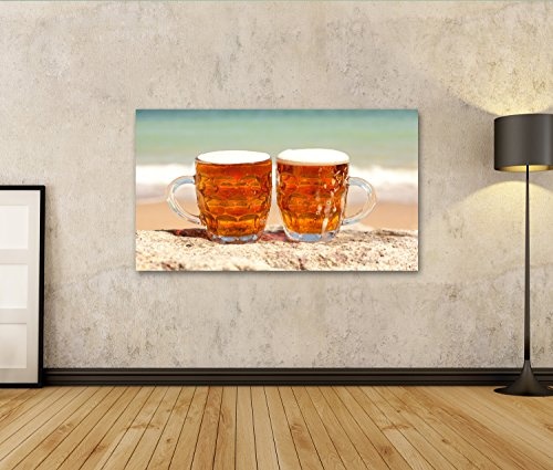 islandburner Bild Bilder auf Leinwand Zwei Gläser kaltes Bier auf dem Seestrand Wandbild, Poster, Leinwandbild KFB