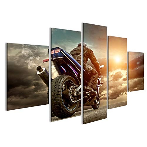 islandburner Bild auf Leinwand Man Sitz auf dem Motorrad unter Himmel mit Wolken Wandbild, Poster, Leinwandbild FWA