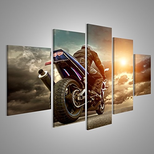 islandburner Bild auf Leinwand Man Sitz auf dem Motorrad unter Himmel mit Wolken Wandbild, Poster, Leinwandbild FWA