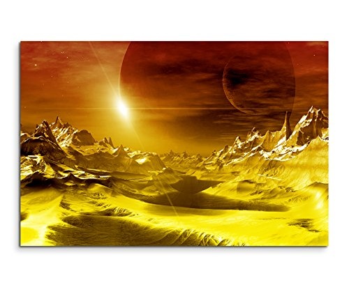 120x80cm Wandbild - Farbe Orange Gelb - Leinwandbild auf Keilrahmen in bester Qualität - Computer Artwork Alien Planet