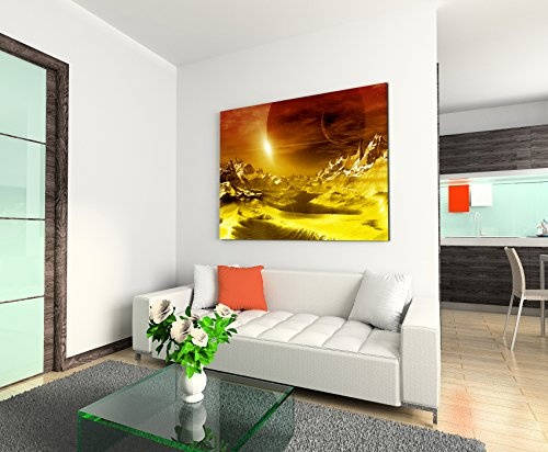 120x80cm Wandbild - Farbe Orange Gelb - Leinwandbild auf Keilrahmen in bester Qualität - Computer Artwork Alien Planet