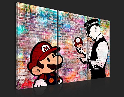 murando - Bilder Mario 120x80 cm Vlies Leinwandbild 3 Teilig Kunstdruck modern Wandbilder XXL Wanddekoration Design Wand Bild - Banksy Street Art bunt Ziegel i-C-0100-b-e