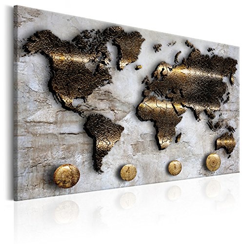 Neuheit! Weltkarte mit Kork Rückwand 60x40 cm - einteilig Bilder Leinwandbild Poster Pinnwand Kunstdruck Weltkarte Karte Welt Kontinente Gold Struktur k-A-0047-p-a 60x40 cm B&D XXL