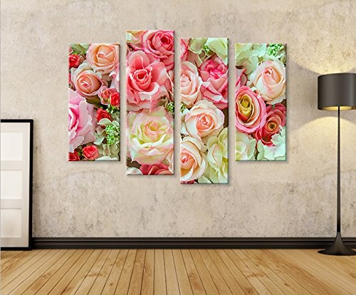 islandburner Bild Bilder auf Leinwand Rosen Pastell Deko Blumen 4er XXL Poster Leinwandbild Wandbild Dekoartikel Wohnzimmer Marke