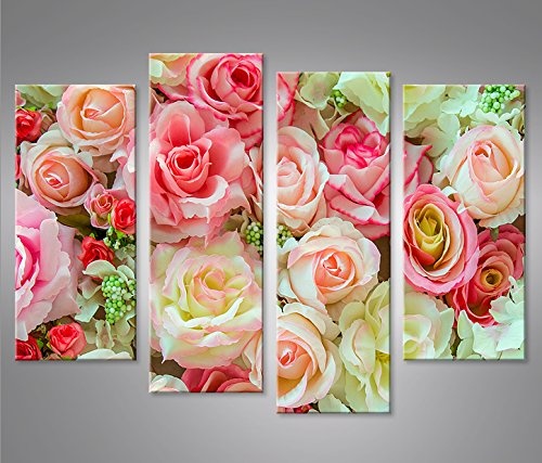 islandburner Bild Bilder auf Leinwand Rosen Pastell Deko Blumen 4er XXL Poster Leinwandbild Wandbild Dekoartikel Wohnzimmer Marke