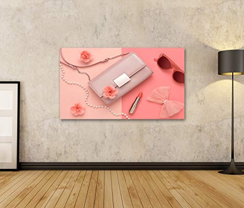 islandburner Bild Bilder auf Leinwand Mode-Design Frau Zubehör Set. Pastell Colors.Cosmetic Makeup.Trendy Sonnenbrille Mode Handtasche Clutch Kleidung. Zauber Wandbild, Poster, Leinwandbild OCK