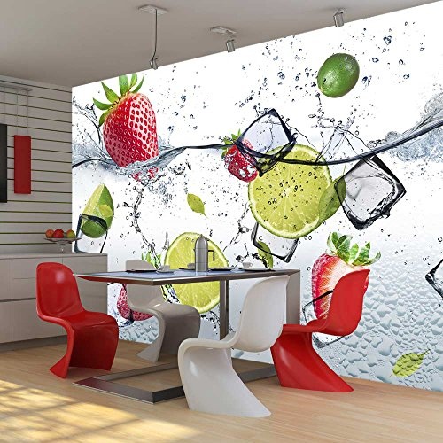 murando - Fototapete Küche 250x175 cm - Vlies Tapete - Moderne Wanddeko - Design Tapete - Wandtapete - Wand Dekoration - Obst Limone Erdbeere grün weiß rot Wasser Eis 10110908-2