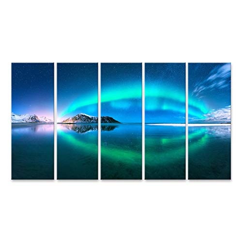 Bild Bilder auf Leinwand Aurora spiegelt Sich im Wasser wider. Nordlicht auf den Lofoten, Norwegen. Blauer Himmel mit Polarlicht. Nachtlandschaft mit Aurora, Meer mit Himmelsspiegelung, Stra