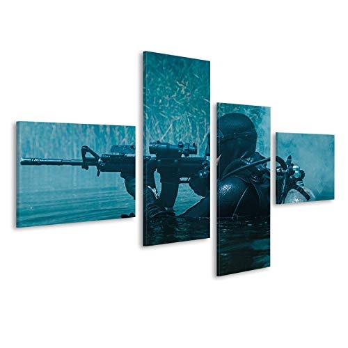 islandburner Bild Bilder auf Leinwand Navy Seal frogman mit komplettem Tauchausrüstung und Waffen im Wasser Wandbild, Poster, Leinwandbild FDK