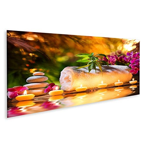 Bild auf Leinwand Spa-Massage im Garten - Kerzen und Wasser Wandbild Leinwandbild Kunstdruck Poster 120x40cm - Panorama