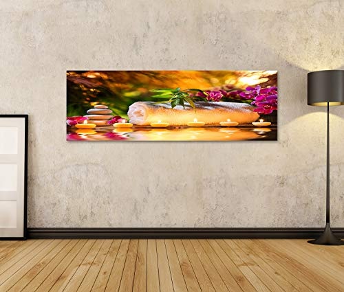 Bild auf Leinwand Spa-Massage im Garten - Kerzen und Wasser Wandbild Leinwandbild Kunstdruck Poster 120x40cm - Panorama