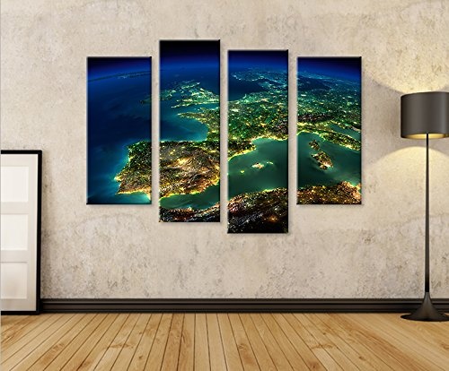 islandburner Bild Bilder auf Leinwand Europa vom Weltall V3 4er XXL Poster Leinwandbild Wandbild Dekoartikel Wohnzimmer Marke