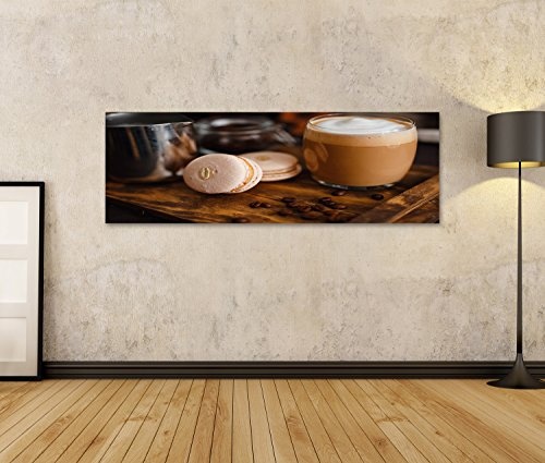 islandburner Bild auf Leinwand Großes Korn Kaffee, EIN Glas Kaffee und Milch Latte Latte, Zwei Makronen. Stellen Sie Sich auf EIN H Wandbild, Poster, Leinwandbild ISB-Pano