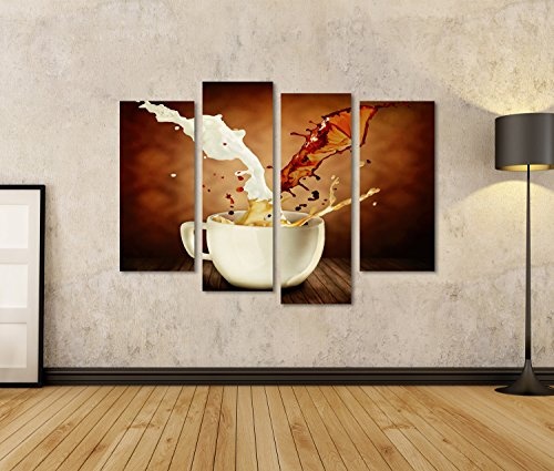 islandburner Bild auf Leinwand Kaffee mit Milch spritzender Cup Cappuccino oder Latte Wandbild, Poster, Leinwandbild HXA-4erP
