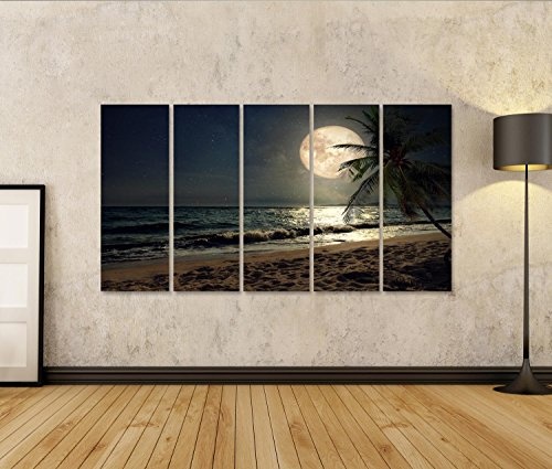 islandburner Bild Bilder auf Leinwand Schöne Fantasie tropischen Strand mit Milchstraße Stern in Nacht Himmel, Vollmond - Retro-Stil Artwork mit Vintage Farbton (Elemente Dieses Mondes Bild