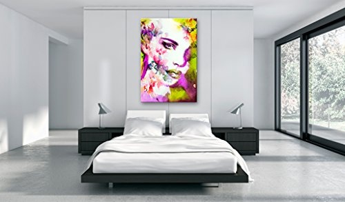 murando Bilder 60x90 cm - Leinwandbilder - Fertig Aufgespannt - 1 Teilig - Wandbilder XXL - Kunstdrucke - Wandbild - Poster Frau Gesicht Porträt Blumen bunt - wie gemalt h-B-0037-b-a