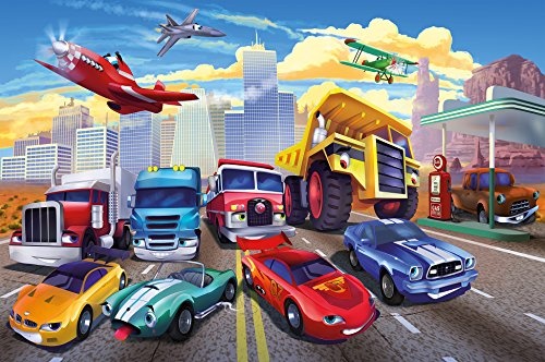 great-art Fototapete Autorennen Comic für Kinderzimmer - 336 x 238 cm 8-teiliges Wandbild Kindertapete Wandtapete Kindermotiv Auto und Flugzeug