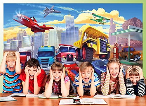 great-art Fototapete Autorennen Comic für Kinderzimmer - 336 x 238 cm 8-teiliges Wandbild Kindertapete Wandtapete Kindermotiv Auto und Flugzeug