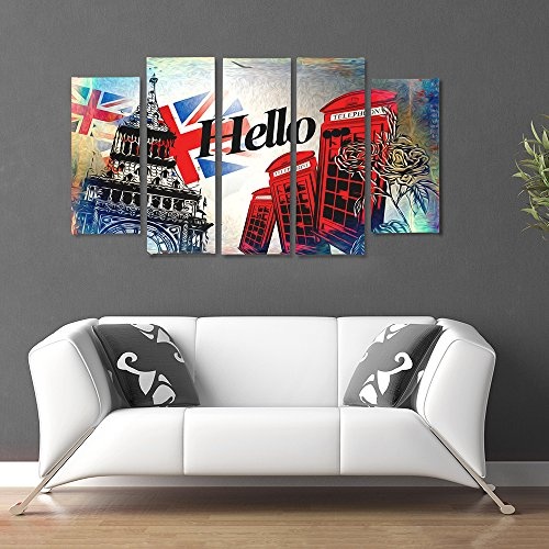 Feeby. Leinwandbild - 5 Teile - Bilder, Wand Bild, Wandbilder, Kunstdruck XXL, 5-Teilig, Typ B, 200x100 cm, LONDON, HALLO, INSCHRIFT, SYMBOLE, FLAGGE, ZELLE, MODERN