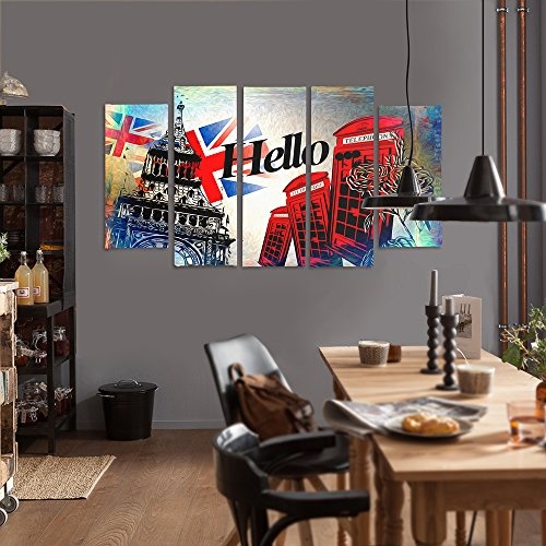 Feeby. Leinwandbild - 5 Teile - Bilder, Wand Bild, Wandbilder, Kunstdruck XXL, 5-Teilig, Typ B, 200x100 cm, LONDON, HALLO, INSCHRIFT, SYMBOLE, FLAGGE, ZELLE, MODERN