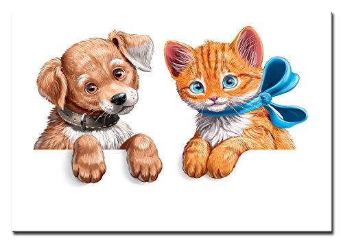 Berger Designs - Wandbild für das Kinderzimmer auf Leinwand als Kunstdruck in verschiedenen Größen. Lustige Katzen- und Hundewelpe. Beste Qualität aus Deutschland (60 x 40 cm (BxH))