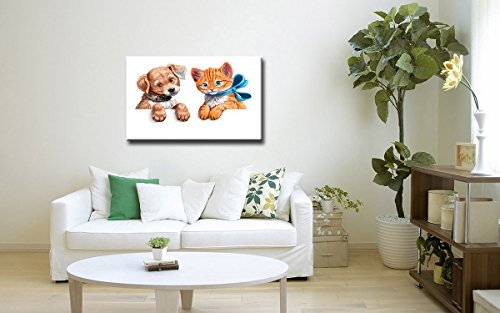 Berger Designs - Wandbild für das Kinderzimmer auf Leinwand als Kunstdruck in verschiedenen Größen. Lustige Katzen- und Hundewelpe. Beste Qualität aus Deutschland (60 x 40 cm (BxH))