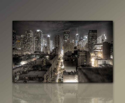 Berger Designs Stadtbild auf Leinwand BESPANNT & GERAHMT (NewYork Night -80x130 cm) Big Apple New York Bilder fertig gerahmt mit Keilrahmen riesig. Ausführung Kunstdruck als Wandbild mit Rahmen.