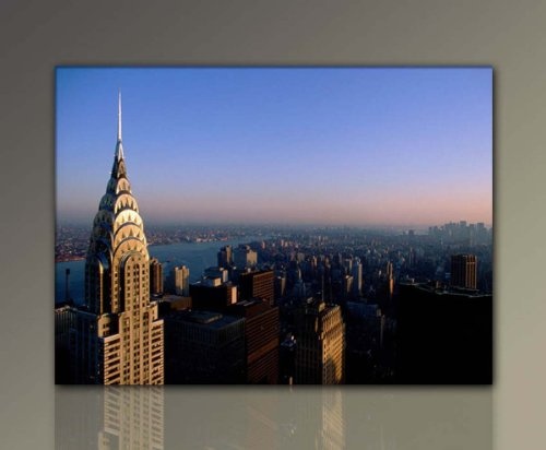 BERGER DESIGNS - Stadt Panorama xxl (Empire State Building Panorama 80x110 cm) Bilder fertig gerahmt mit Keilrahmen. Ausführung Kunstdruck neu als Wandbild mit Rahmen aus Holz. Bild Style Deko für Wohnzimmer und Schlafzimmer USA Stadt New York Big Apple.