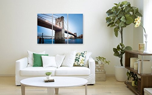 Bilderfabrik - Naturbild (Brooklyn Bridge - New York) auf Leinwand und Holzkeilrahmen bespannt. Beste Qualität, handgefertigt in Deutschland. (3x 40x80 cm)