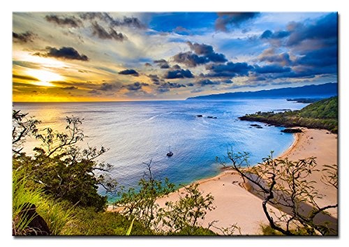 Berger Designs - Wandbild auf Leinwand als Kunstdruck in verschiedenen Größen. Sonnenuntergang am Strand von Hawaii Waimea Beach Oahu. Beste Qualität aus Deutschland (120 x 80 cm BxH)